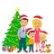 Happy young family stand near christmas tree