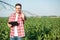 Happy young farmer or agronomist showing thumbs up and smiling directly at camera, standing in green corn field