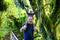 Happy young father with his daughter in Rain forest, Egmont National Park, New Zealand