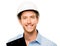 Happy young foreman on building site with hard hat white background