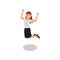 Happy young girl jumping with clenching fists. Successful office worker. Woman in formal outfit. Flat vector