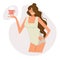 Happy young girl in a nightgown starts her morning with coffee. Young woman closed her eyes in pleasure. Home lifestyle