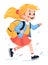 Happy young girl running with a backpack and smiling. Cartoon schoolgirl in uniform hurrying. Excited child on the move