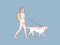Happy young girl student walking their dog simple korean style illustration