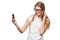 Happy young girl taking selfie with cell phone, in glasses, over white background