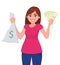 Happy young girl, woman or female holding/showing money, cash or bunch of currency notes and bag with dollar sign. Modern.