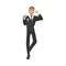 Happy young groom, man in suit, tuxedo in flat cartoon style.