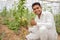 Happy young indian farmer collects harvest organic cucumbers from his poly house or greenhouse, A man Thumbs up with one hand,