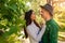 Happy Young International Couple Have Romantic Time Outdoor In Autumn Forest.