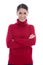 Happy young isolated woman in a red wool pullover.