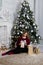 Happy young lady with long hair gifts by the fireplace near the Christmas tree