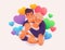 Happy young LGBTQ couple vector illustration. Homosexual men hugging with rainbow colored hearts