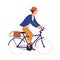 Happy young man or boy wearing casual clothes and hat riding bike. Smiling male character on bicycle. Pedaling bicyclist