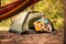 Happy young man camping and strum a guitar instrumental music to relax against background of forest sunset.