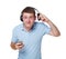 Happy young man with headphones try to hear someone