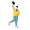 Happy young man holding book in raised hand. Vector doodle student in yellow sweater and blue jeans.