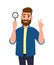 Happy young man holding magnifying glass and gesturing victory/v or peace sign/symbol. Search, find, discovery, analyze, inspect.