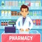 Happy young man pharmacist sells medications in pharmacy or drugstore. Pharmacology and healthcare vector concept