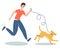 Happy young man running with dog outdoors. Human best friends. Healthy lifestyle. Domestic animal. Isolated cartoon male character