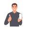 Happy young man showing smartphone and showing thumbs up or like sign. Mobile phone technology concept