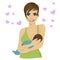 Happy young mother feeding breast her baby on white background with hearts