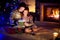 Happy young mother and her young daughter opening a magical Christmas gift by a fireplace in a cozy dark living room on Christmas