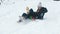 Happy young multiracial couple sliding on snow. Woman falls down