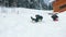 Happy young multiracial couple sliding on snow. Woman falls down