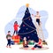 Happy young people decorating Christmas Tree. Family celebrating New Year Eve. Vector flat cartoon illustration