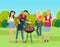 Happy young people on picnic, bbq party or grill in the park, friends meeting at weekends at nature