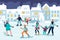 Happy young people skating. Couple, kids and family spend time on ice rink. Vector flat cartoon illustration