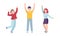 Happy young people standing raising hands up set vector illustration