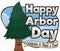 Happy Young Pine Celebrating Arbor Day with Greeting Ribbon, Vector Illustration