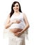 Happy young pregnant woman in white with wings