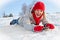 Happy young snowboard girl on the sunny day