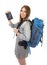 Happy young student tourist woman carrying backpack showing passport in tourism concept