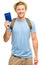 Happy young tourist man holding passport white background