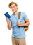 Happy young tourist man holding passport white background