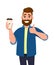 Happy young trendy man holding a coffee cup and showing, gesturing thumbs up sign. Male character design illustration.