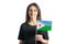 Happy young white girl holding Djibouti flag isolated on a white background