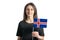 Happy young white girl holding Iceland flag isolated on a white background