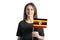 Happy young white girl holding Uganda flag isolated on a white background