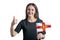 Happy young white woman holding flag of Guernsey and shows the class by hand isolated on a white background