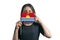 Happy young white woman holding flag Kiribati flag and covers her face with it  on a white background