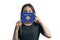 Happy young white woman holding flag Kosovo flag and covers her face with it isolated on a white background