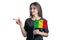 Happy young white woman holding flag Mali and points to the left isolated on a white background