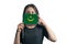 Happy young white woman holding flag Mauritania flag and covers her face with it isolated on a white background