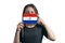 Happy young white woman holding flag Paraguay flag and covers her face with it isolated on a white background