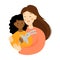 Happy young woman with adopted baby. Portrait of a mother and african kid in flat style. Multiracial family. Mothers day