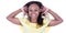 Happy young woman american african laughing with hands behind head in white background